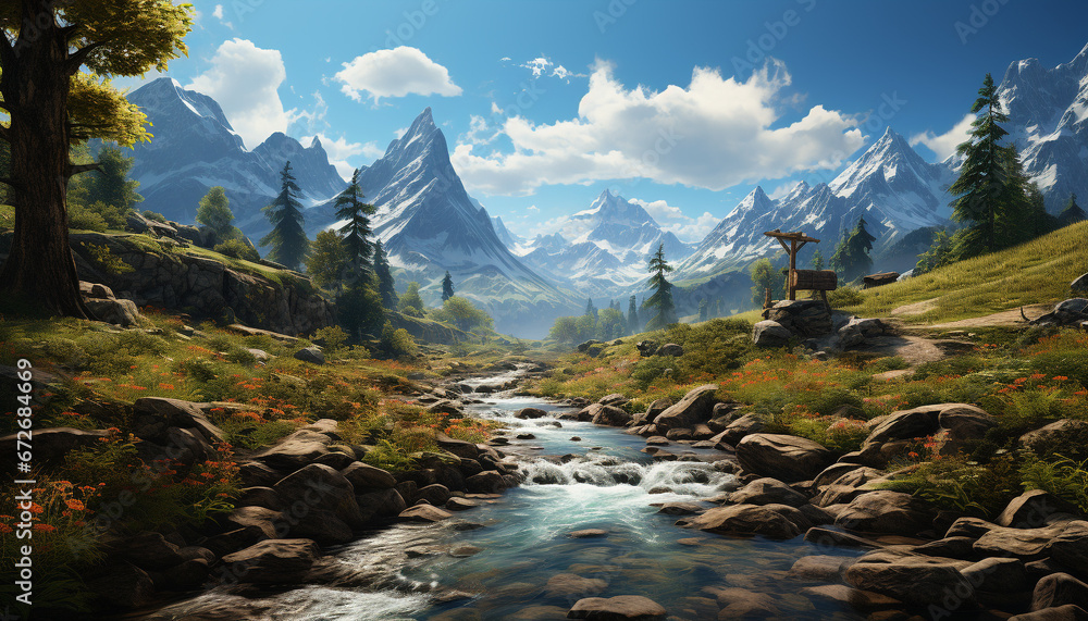 Majestic mountain range, tranquil meadow, flowing water, green forest generated by AI