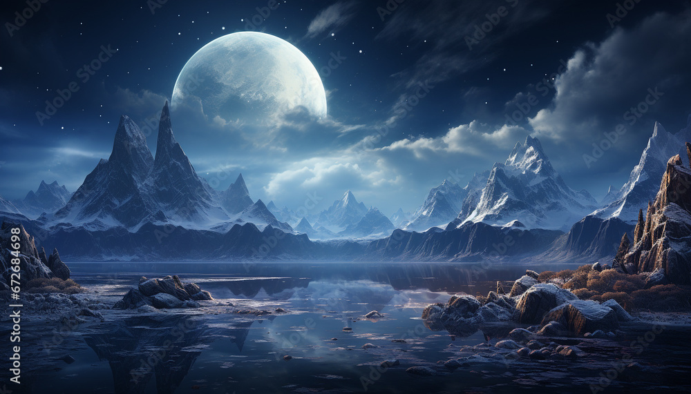 Majestic mountain peak reflects moonlight on icy, tranquil arctic landscape generated by AI