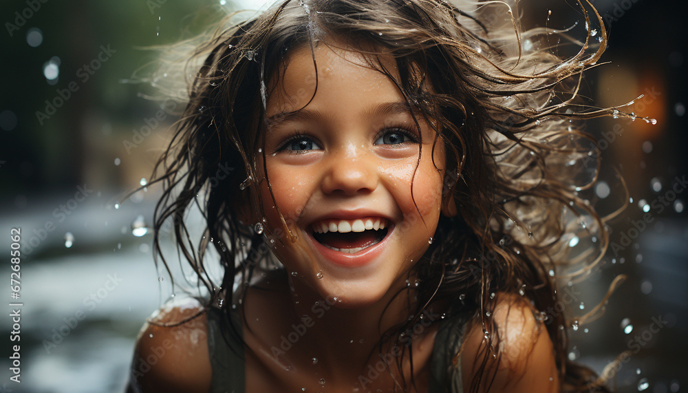 Smiling, wet, cheerful happiness, fun, Caucasian ethnicity, joy, beauty, brown hair, cute generated by AI