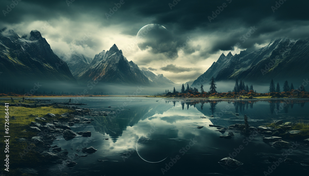 Tranquil scene  mountain peak reflects in water, nature majestic beauty generated by AI