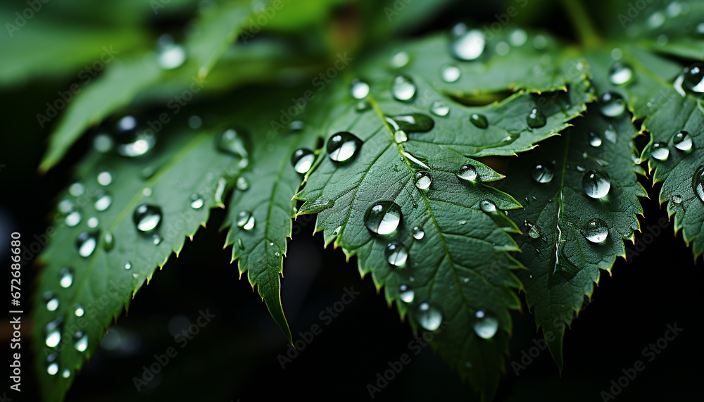 Vibrant green leaf, wet with dew, reflects nature beauty generated by AI