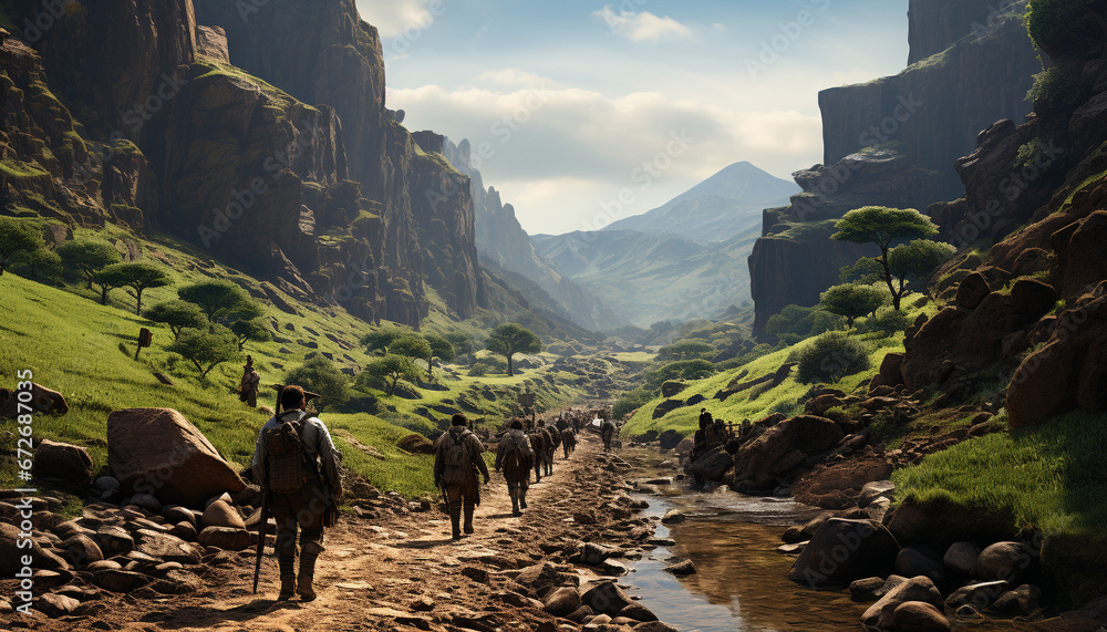 Men hiking on a mountain peak, surrounded by majestic nature generated by AI