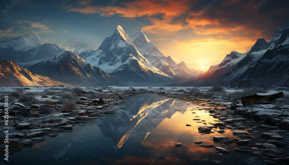 Majestic mountain range reflects tranquil sunset, creating a breathtaking landscape generated by AI