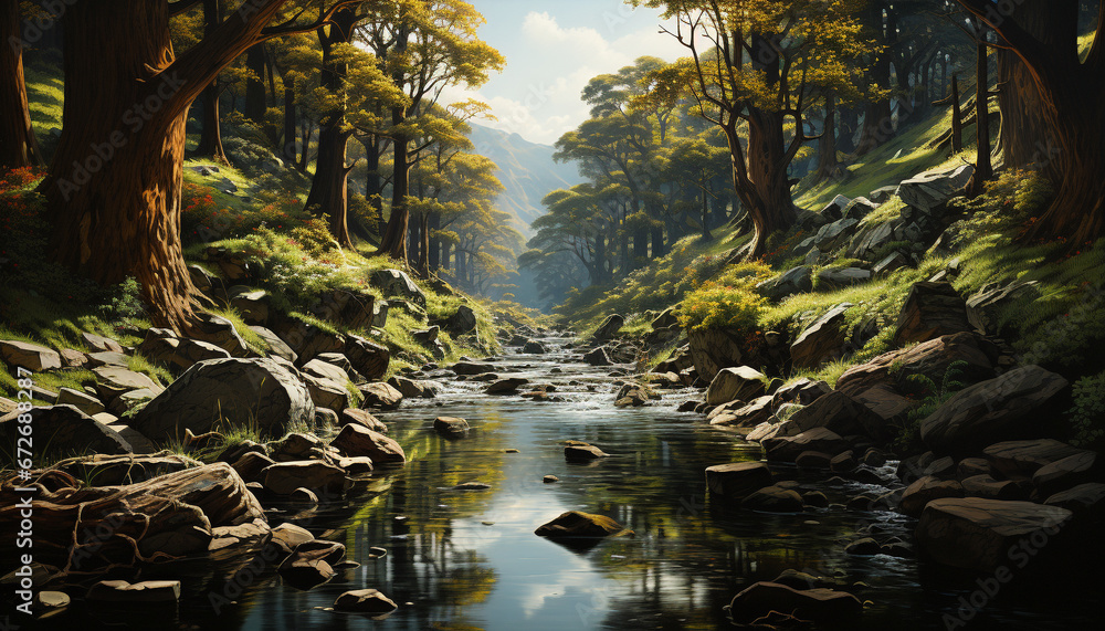 Tranquil scene  nature beauty reflected in a flowing mountain stream generated by AI