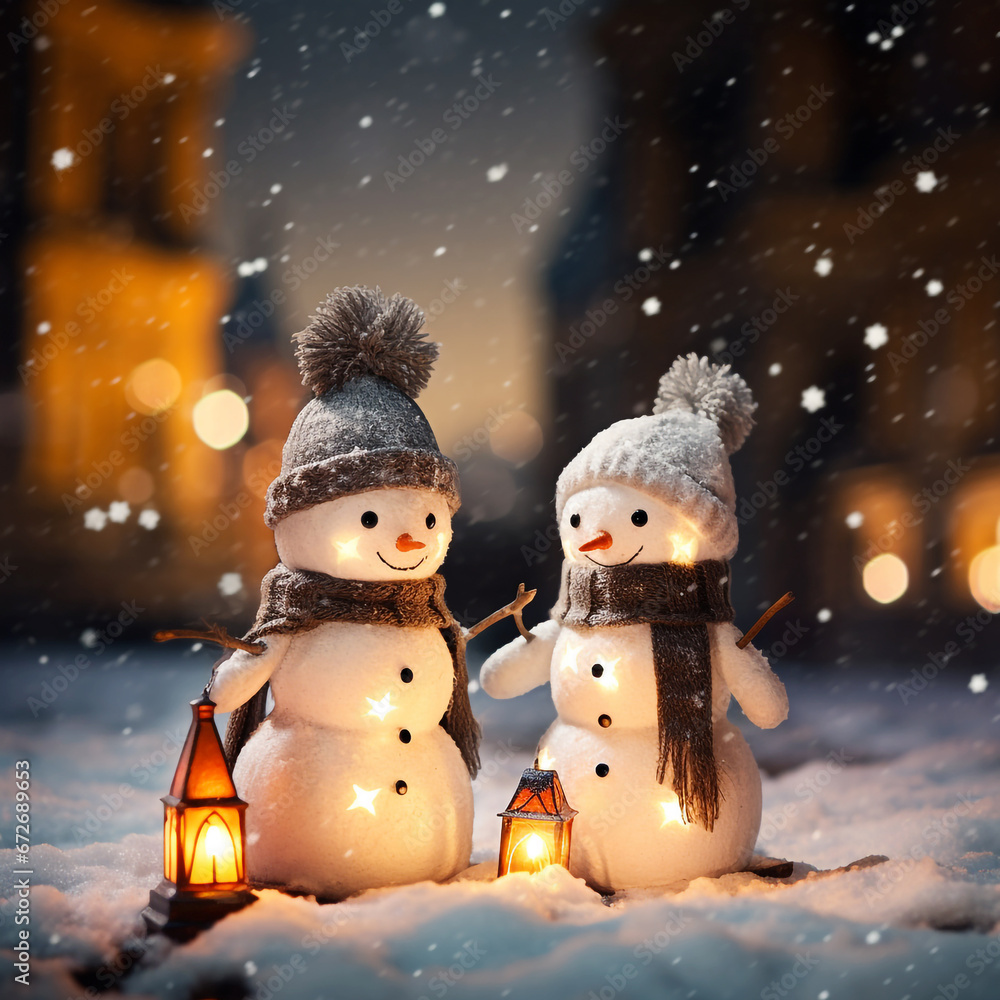 Happy cute snowmen with scarf and hat in an old town