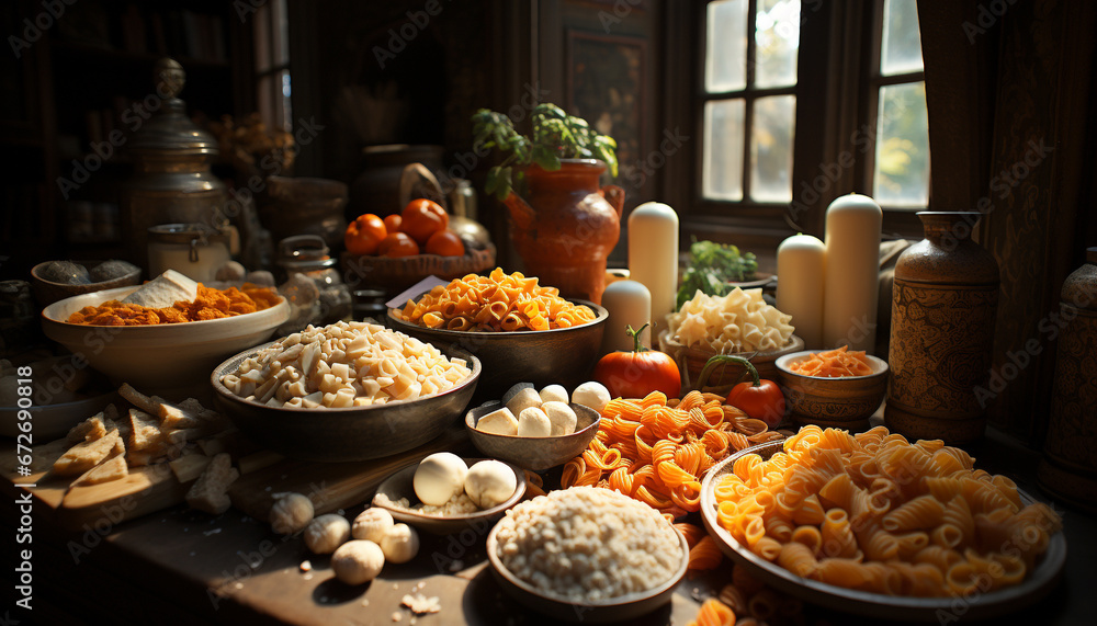 Freshness and nature adorn the rustic wooden table with healthy meals generated by AI