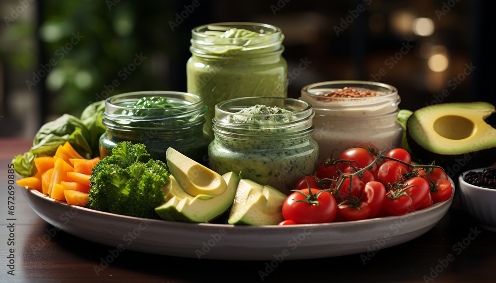 Freshness and healthy eating on a wooden table, a vegetarian meal generated by AI