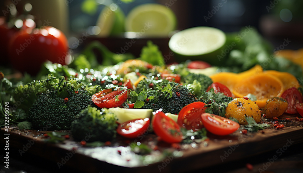 Fresh, healthy salad with organic vegetables on rustic wooden table generated by AI