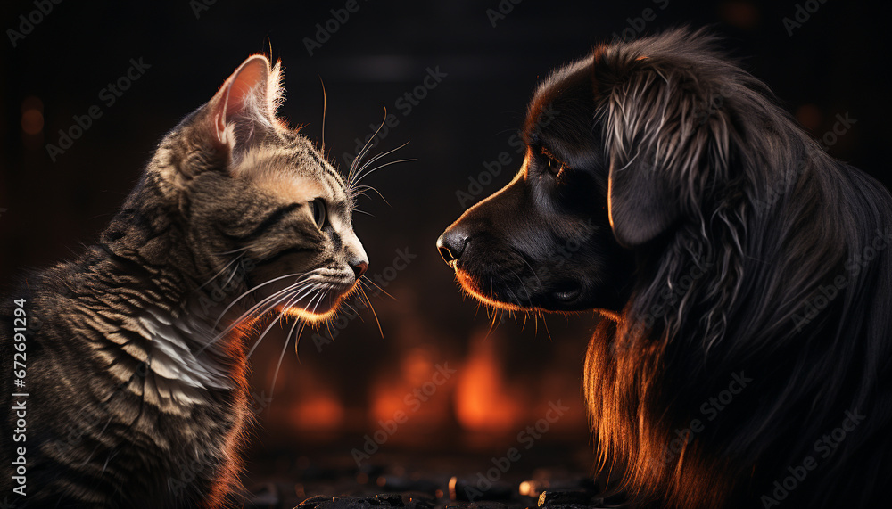 Cute puppy and kitten playing together, showing affection and friendship generated by AI