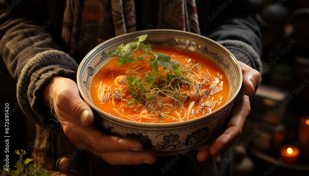 A homemade vegetarian soup, cooked with fresh organic vegetables generated by AI