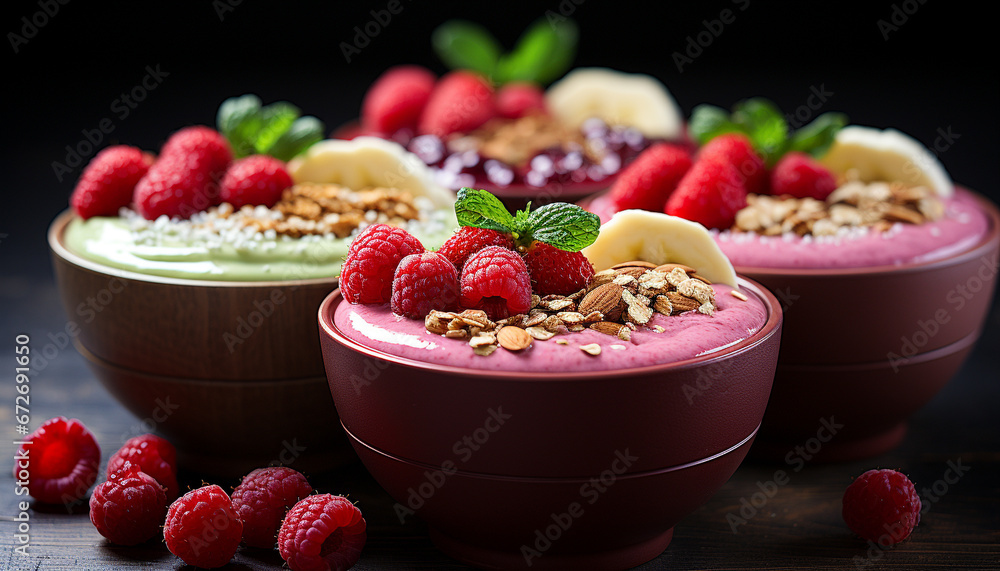 Raspberry yogurt bowl  Fresh, healthy, gourmet dessert with granola and berries generated by AI