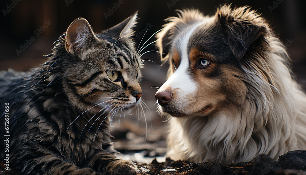 Cute dog and playful kitten sitting together, nature adorable friendship generated by AI