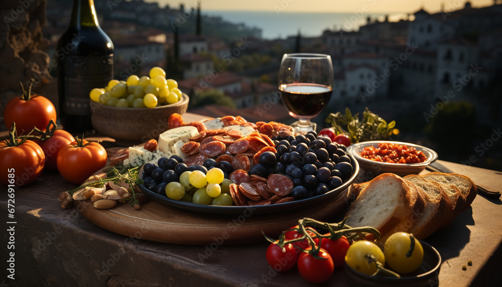 A rustic picnic with wine, bread, olives, and fresh fruit generated by AI