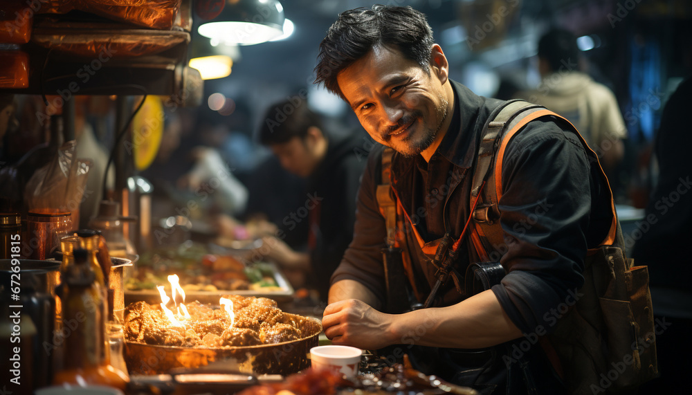 Smiling men cooking indoors, selling fresh food at market vendor generated by AI