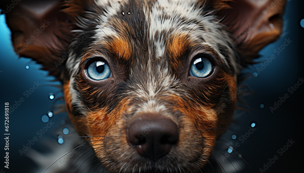 Cute puppy, small terrier, wet fur, playful indoors, looking at camera generated by AI