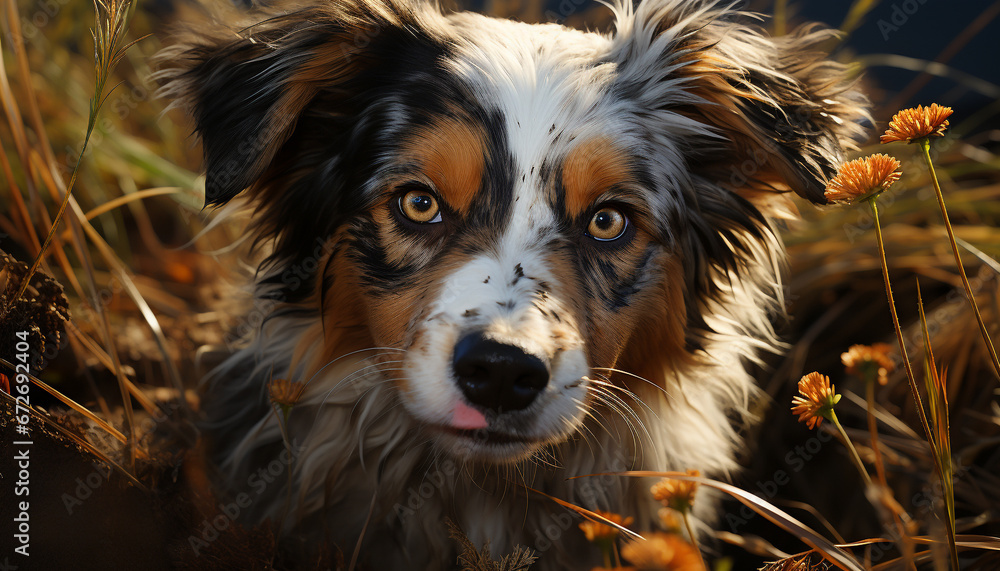 Cute puppy sitting in grass, looking at camera with loyalty generated by AI