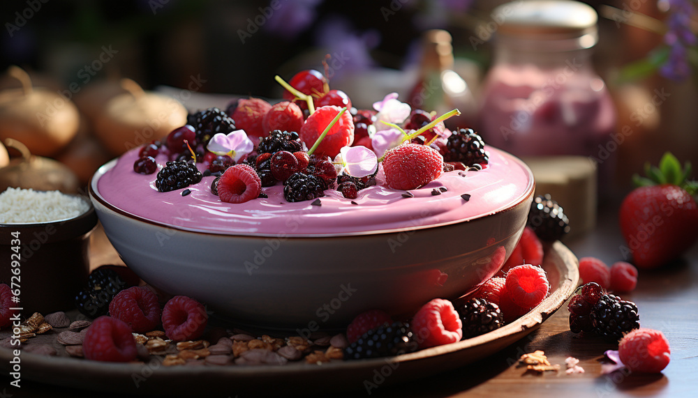 Freshness and sweetness in a bowl of gourmet berry fruit generated by AI