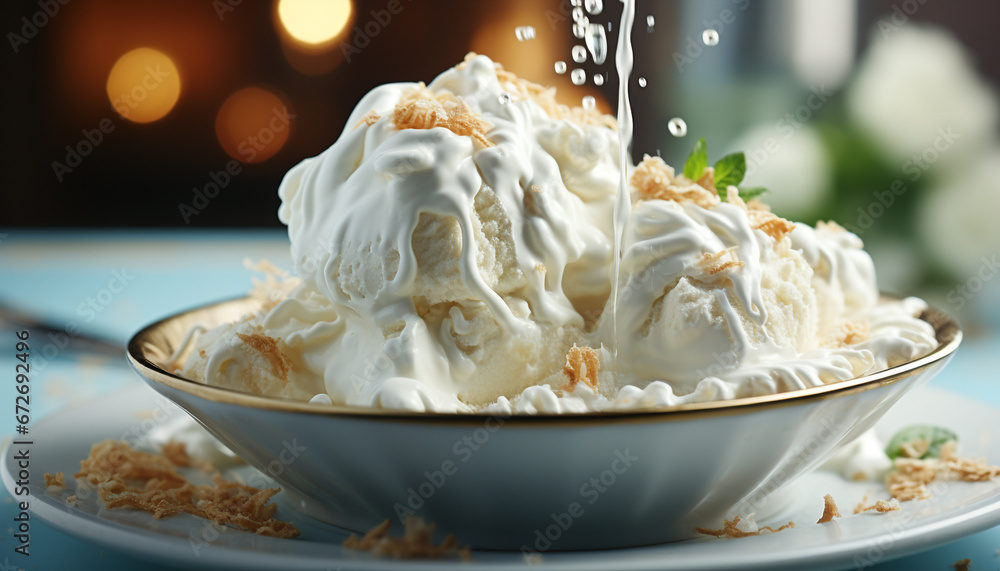 Freshness and nature in a bowl of healthy homemade dessert generated by AI