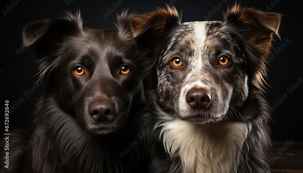 Loyal pets sitting together, cute puppies looking at camera generated by AI