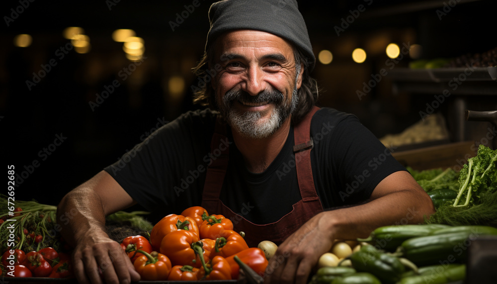 Smiling farmer, holding tomato, looking confident, surrounded by fresh vegetables generated by AI