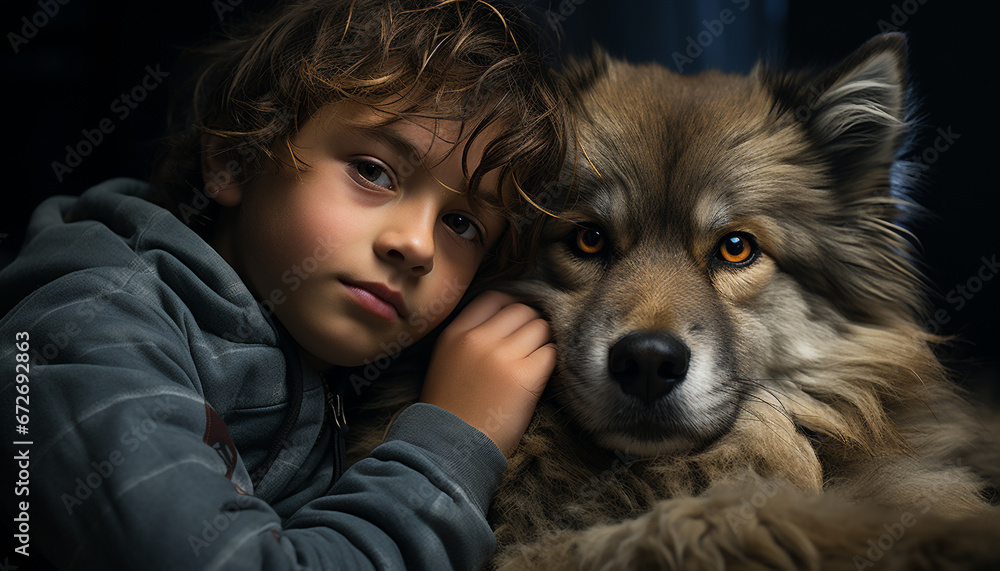 A cute dog and child, embracing, smiling, pure love and friendship generated by AI