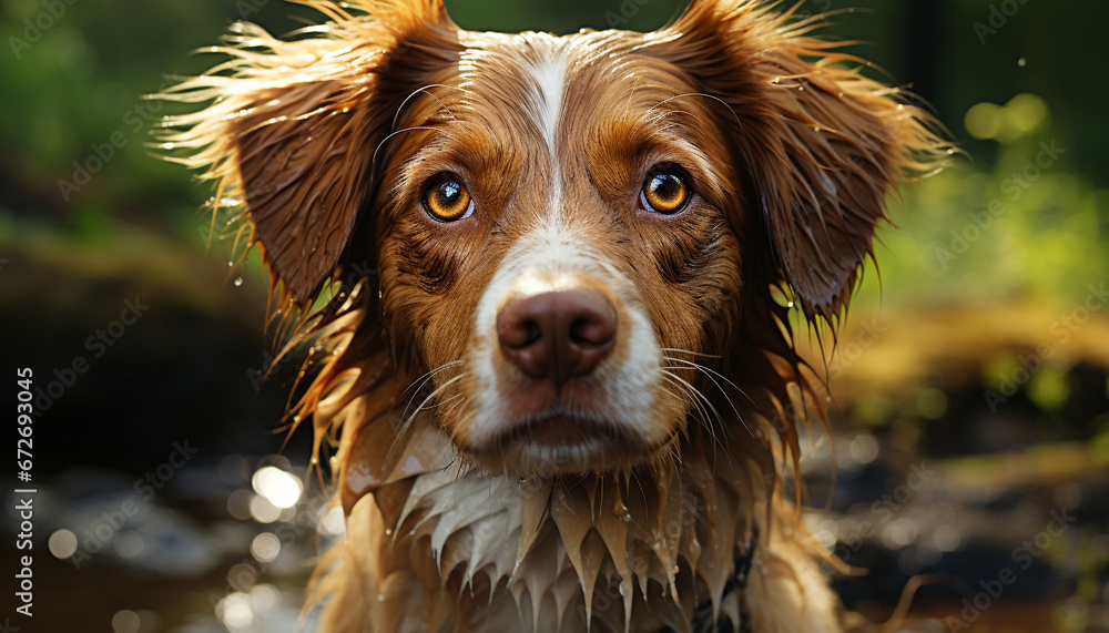 Cute puppy sitting in grass, looking at camera with loyalty generated by AI