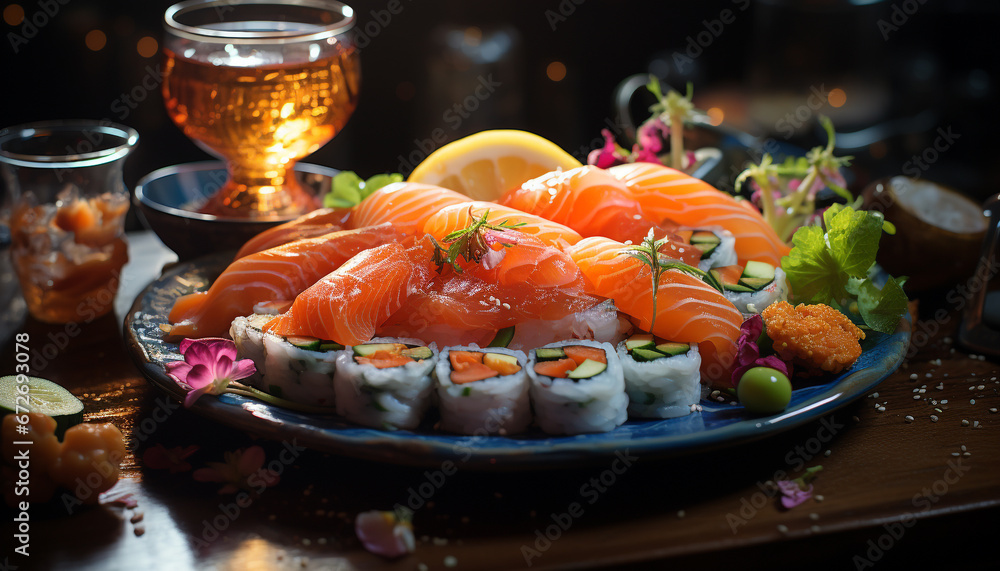 Freshness on a plate  seafood, sashimi, salad, maki sushi, avocado generated by AI