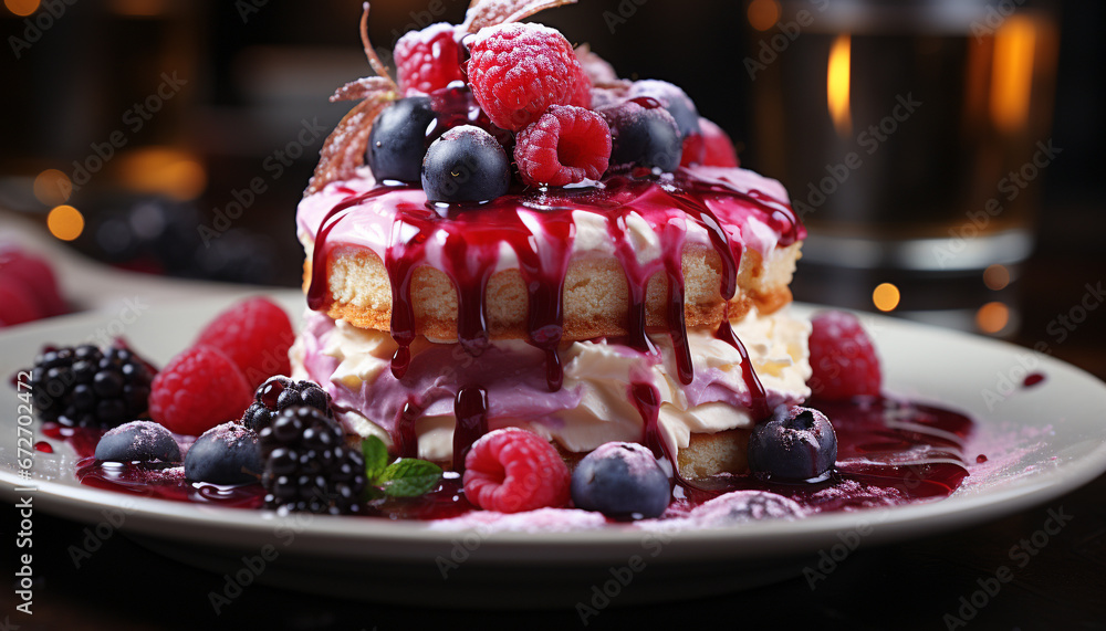 Fresh raspberry dessert on a wooden plate, homemade indulgence generated by AI