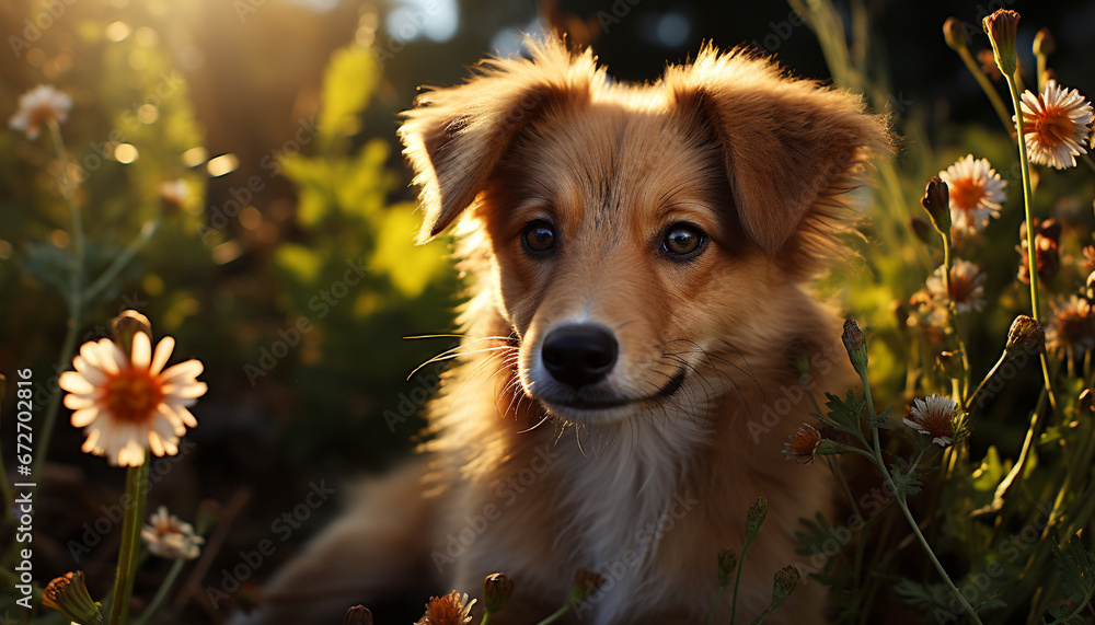 Cute puppy sitting in the grass, enjoying the summer sun generated by AI