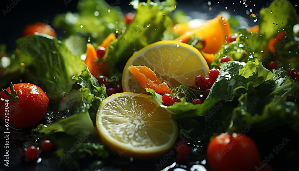 Freshness and nature on a plate  healthy salad with gourmet seafood generated by AI