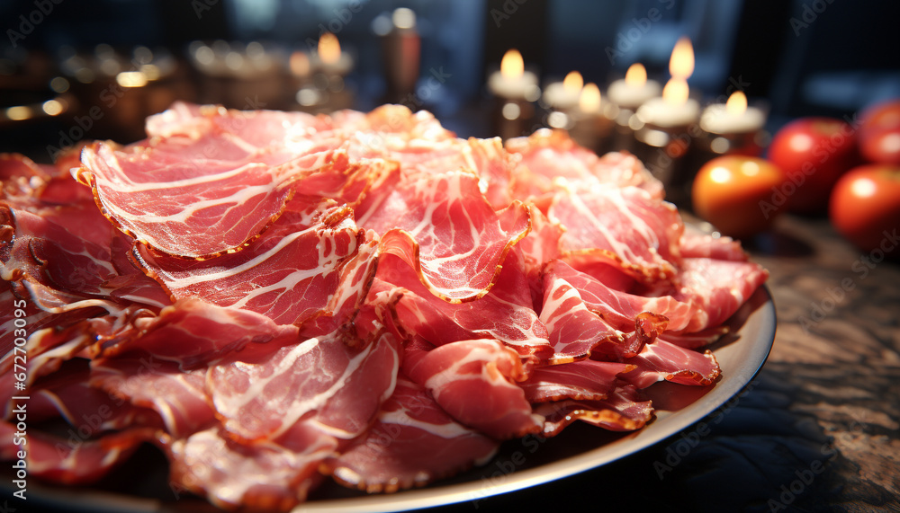 Fresh prosciutto slice on rustic wood plate, ready to eat generated by AI