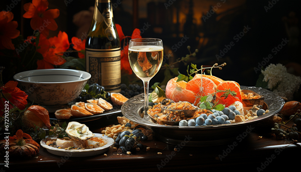 Freshness on the table  gourmet meal, wine, meat, and vegetables generated by AI