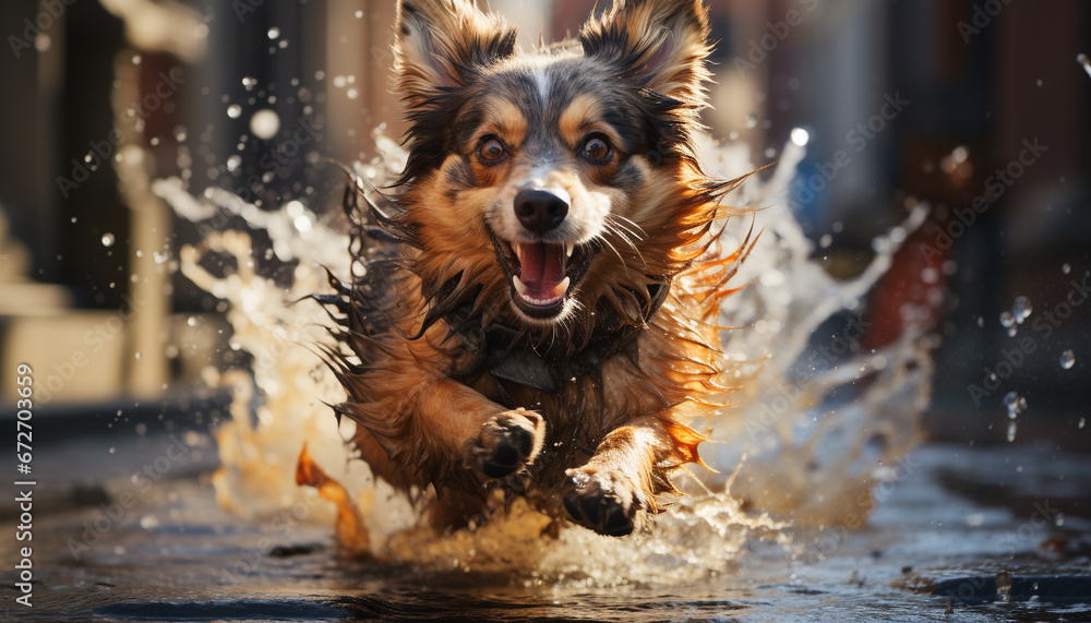 A playful puppy splashing in the water, looking at camera generated by AI