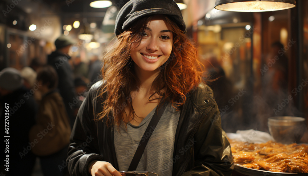 Smiling woman in winter night, confident and joyful generated by AI