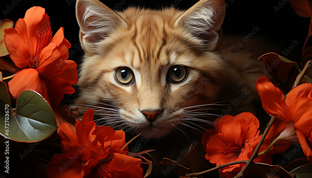 Fluffy kitten sitting, staring at camera, surrounded by beautiful flowers generated by AI