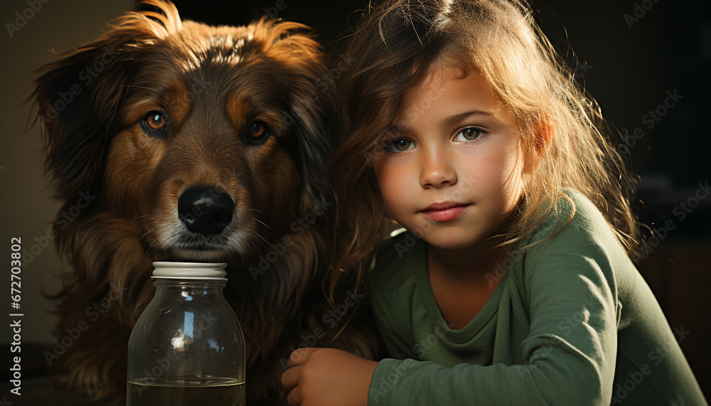 Cute child and dog, smiling, looking at camera, pure happiness generated by AI