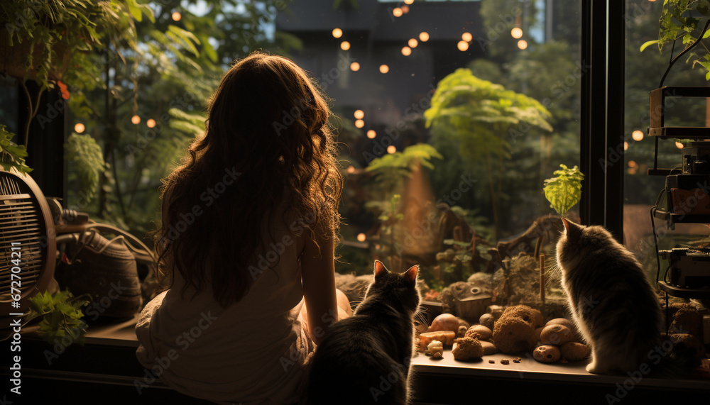 Caucasian women sitting by window, enjoying cute domestic cat together generated by AI