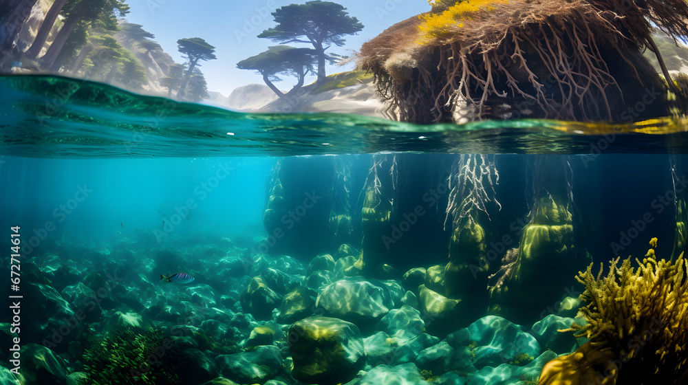 underwater scene with sun rays, underwater scene with reef and fishes, Tranquil underwater scene with copy space,Nature habitat underwater