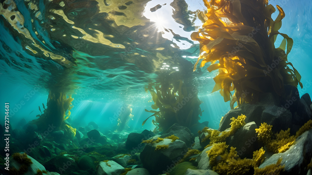 underwater scene with sun rays, underwater scene with reef and fishes, Tranquil underwater scene with copy space,Nature habitat underwater