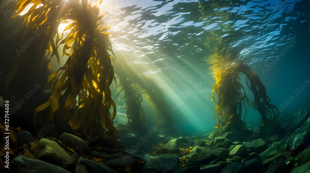 underwater scene with sun rays, underwater scene with reef and fishes, Tranquil underwater scene with copy space,Nature habitat underwater