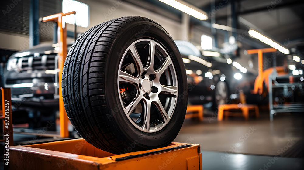 Mechanic repairing tire: Vulcanization, Tire Sales Worker Finishing Change of Car Wheels.