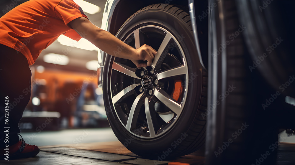 Mechanic repairing tire: Vulcanization, Tire Sales Worker Finishing Change of Car Wheels.