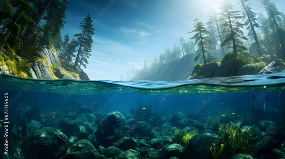 underwater scene with sun rays, underwater scene with reef and fishes, Tranquil underwater scene with copy space,Nature habitat underwater