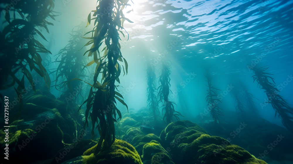 underwater scene with sun rays, underwater scene with reef and fishes, Tranquil underwater scene with copy space,Nature habitat underwater