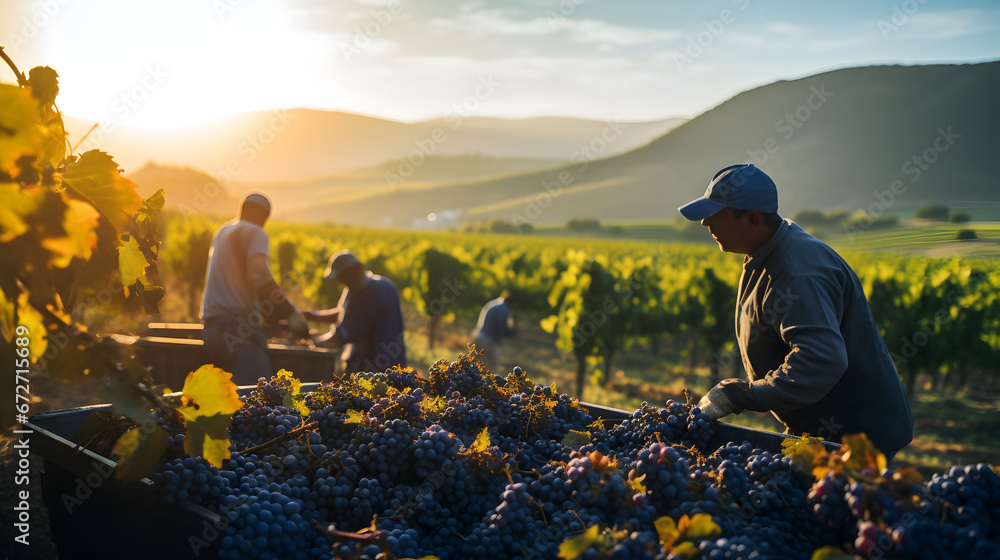 Close up grape field boxes with ripe white grapes in hands of winemaker male field workers. Sunlight illuminates harvest. Large ripe bunches berries lie beautiful in containers