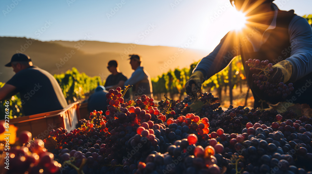 male farm worker picks bunches grape from vine carefully attentively stack in a box. Winemaker smiles contentedly, the harvest has grown well. Background rows of vineyard.