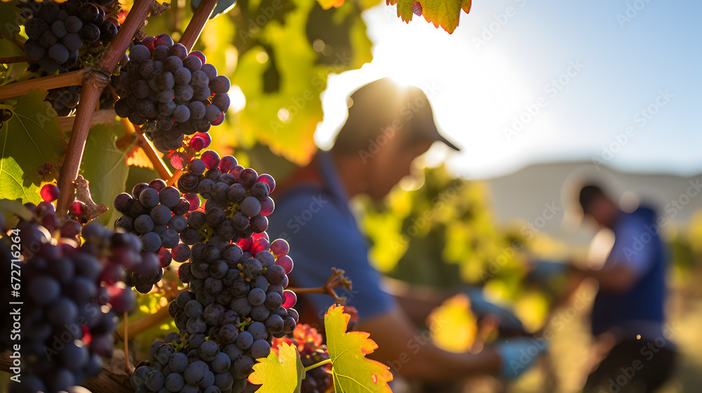 male farm worker picks bunches grape from vine carefully attentively stack in a box. Winemaker smiles contentedly, the harvest has grown well. Background rows of vineyard.