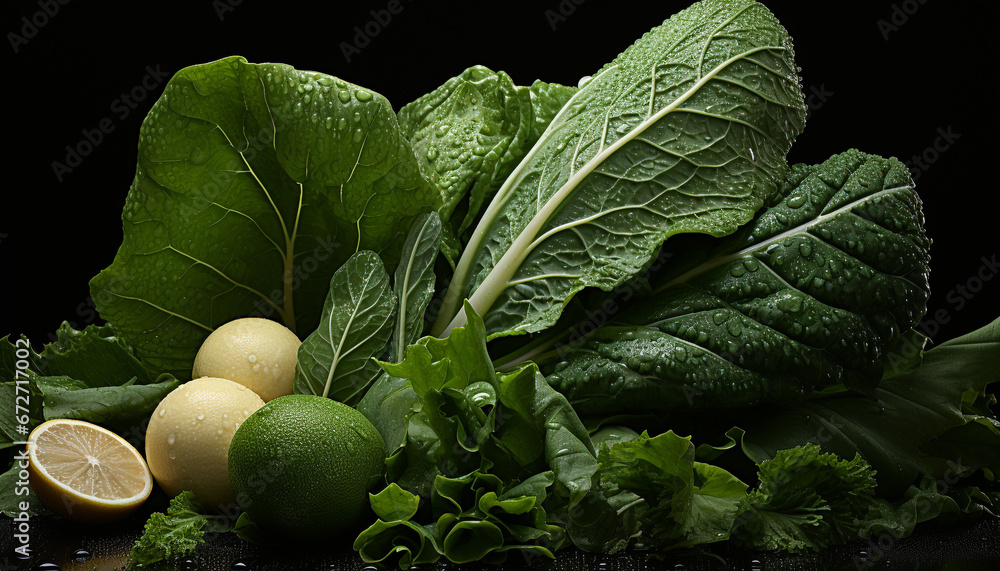 Fresh, healthy salad with organic vegetables, ripe tomato, and lemon generated by AI