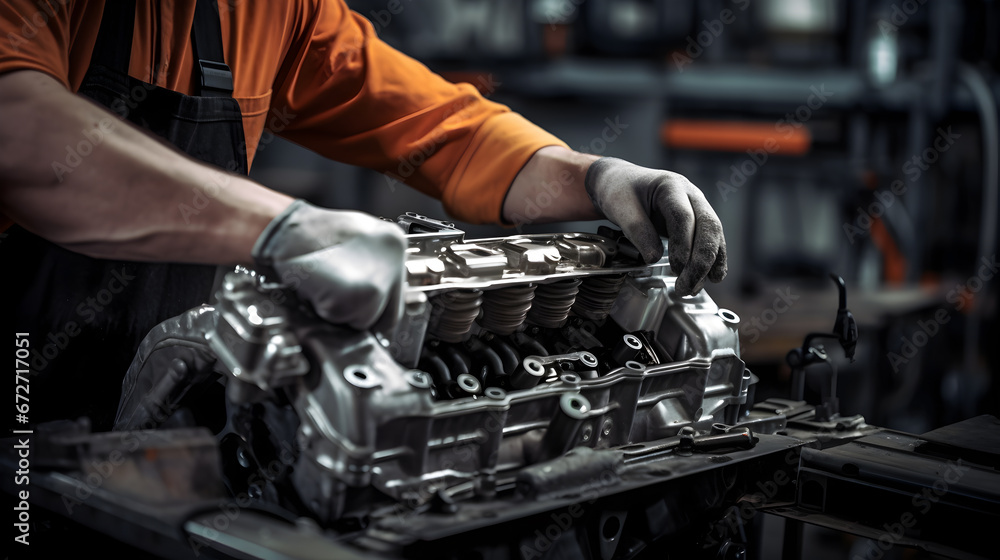 Auto mechanic repairing car,  Mechanic Working on a Vehicle in a Car Service. Professional Repairman is Wearing Gloves and Using a Ratchet Underneath the Car. Modern Clean Workshop.