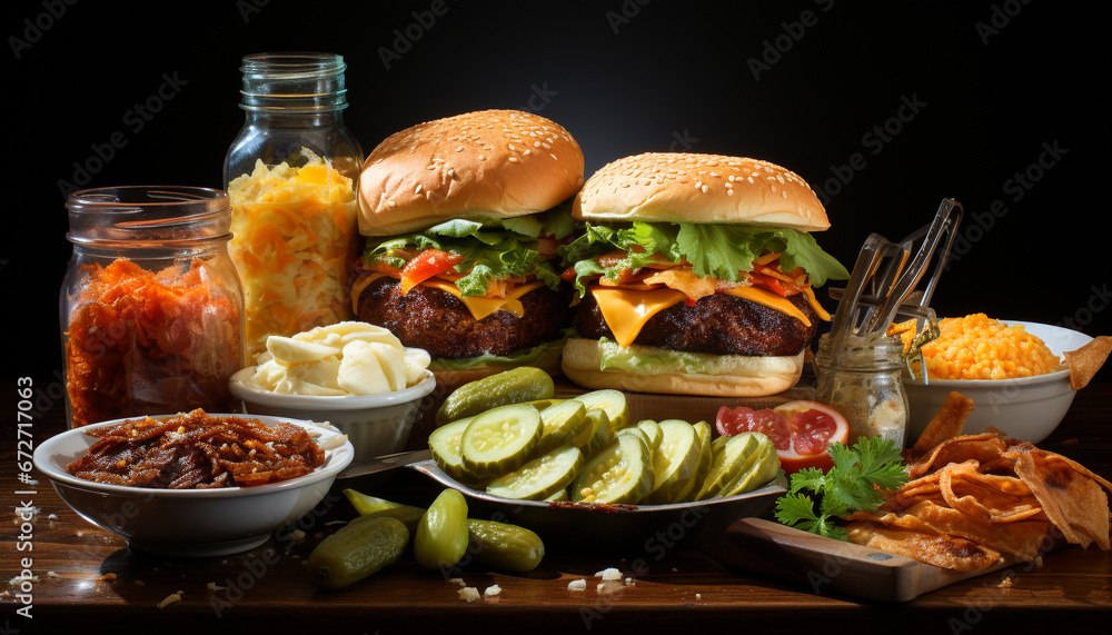 Grilled cheeseburger with fries, fresh salad, and cola drink generated by AI